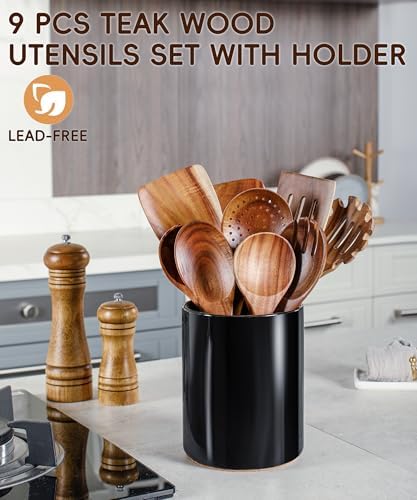 Wooden Cooking Utensils Set with Ceramic Holder,10pcs Teak Wood Utensils - Image 2