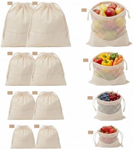 Set of 8 Ambrosia Cotton Produce Bags Drawstring Muslin by FMLIUY