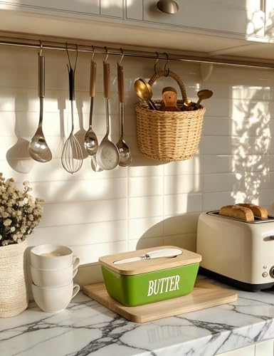 Ceramic Butter Dish with Lid and Knife & Silicone Seal for Countertop Green - Image 6