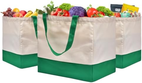 Canvas Reusable Grocery Bags Heavy Duty, 8.3 gal Foldable Large Canvas Tote Bag with Handles, Holds 60 lbs Shopping Bags, 3 Pack by CNaiyunpin