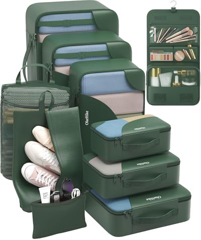 OlarHike Packing Cubes for Travel,Gifts for Women Mom,Anti-Tearing Suitcase Organizer for Luggage with Shoe & Hanging Toiletry Bag,Vacation Essentials & Accessories for Cruise Ship,10 Set,Dark Green by OlarHike