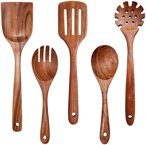 Wooden Spoons for Cooking Non-Stick Kitchen Pan Toolset 5 PCS Set,Natural Kitchen Utensils Spatula, Wooden Cooking Utensils Spoons, Fried Spatula and Salad Fork, Pasta Spoon, Wooden Spoon Set by YYLTJR