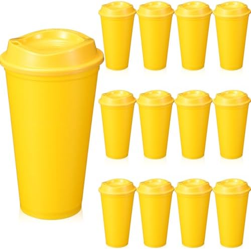 12 Pcs 16 Oz Reusable Coffee Cups with Lids - Plastic Travel Hot Cups Bulk Coffee Tumblers for DIY Hot Cold Drinks Party Favors Coworker (Yellow) by Unknown