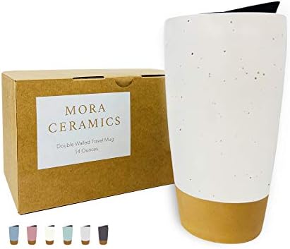 Mora Double Wall Ceramic Coffee Travel Mug with Lid, 14 oz, Portable, Microwave, Dishwasher Safe, Insulated Reusable Tall Cup, Splash Resistant Lid - To Go Tumbler for Car Cup Holder, Cotton White by PureMora