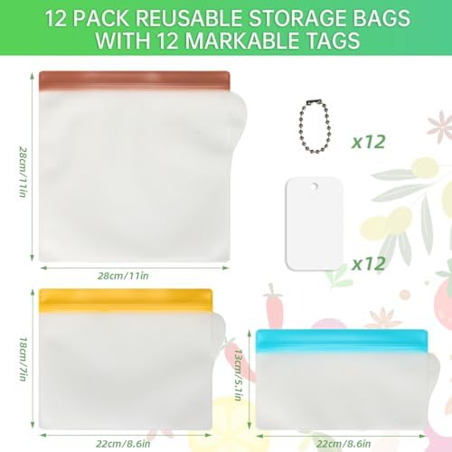 RLAVBL 12 Pack Reusable Freezer Bags, Leakproof Food Storage Bags for Vegetable, Liquid, Snack, Meat, Sandwich - 3 Gallon 4 Sandwich 5 Snack Bags - Image 3