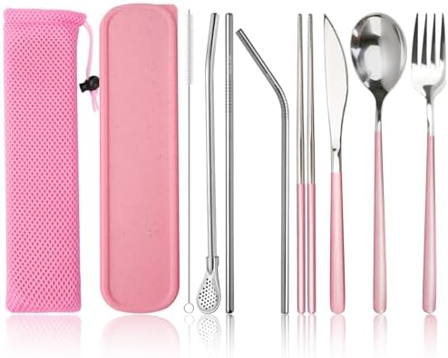 JEPELUS 10Pcs Pink Travel Cutlery Set with Case, Lunch Box Utensils by JEPELUS