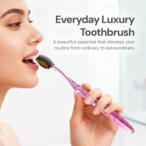 Nano-b Manual Toothbrush for Adults with Sensitive Gums, Gold & Charcoal Soft/Medium Bristles, Travel Case, Crystal - Image 2