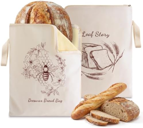 Beeswax Sourdough Bread Bags with Wide Zipper Access, 2 Pack XL 13" x 17" Reusable Linen Cotton Bread Bags for Homemade Bread, Helps Maintain Crust & Freshness (Double-Sided Print Design) by Holismo