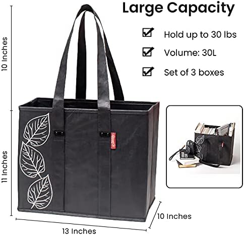 PLANET E Reusable Shopping Bags, Heavy Duty Foldable Grocery Bags with Handles, Large Collapsible Box Totes with Reinforced Hard Bottom, Pack of 3, Black - Image 2
