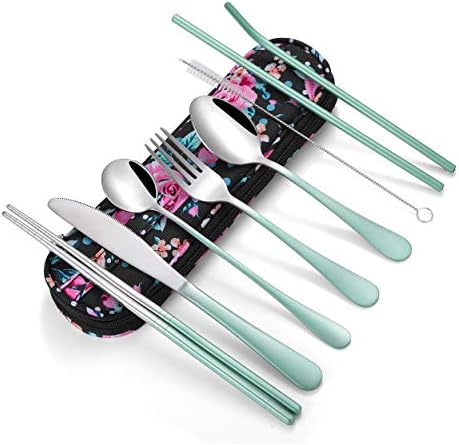 Travel Utensils,Reusable Silverware Set To Go Portable Cutlery Set with a Waterproof Carrying Case for Lunch Boxes Workplace Camping Picnic (GraGreen) by Topbooc