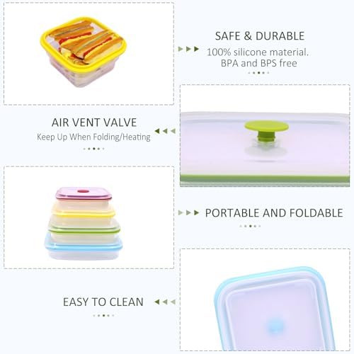 Set of 4 Collapsible Full Silicone Food Storage Containers with Lids, Square Clear Bento Lunch boxes for Meal Prep, Lunch, Leftovers, Travel, Microwave Fridge Dishwasher Safe, BPA Free - Image 4