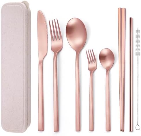 AARainbow 8 Pieces Stainless Steel Flatware Set Portable Reusable Cutlery Set Travel Utensils Set Including Chopsticks Knife Fork Spoon Straws Cleaning Brush Dishwasher Safe (B-Rose Golden) by AARAINBOW