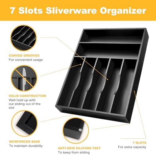 Kitchen Bamboo Silverware Organizer, Kitchen Drawer Organizer - Utensil Holder and Cutlery Tray with Grooved Drawer Dividers for Flatware 7 Slot, Black - Image 6