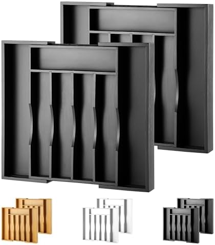 2-Piece Expandable Bamboo Kitchen Drawer Organizer for Cutlery and Utensils, Adjustable Bamboo Wood Cutlery Tray in Drawer for Flatware and Silverware in Kitchen, (Black) by oridom