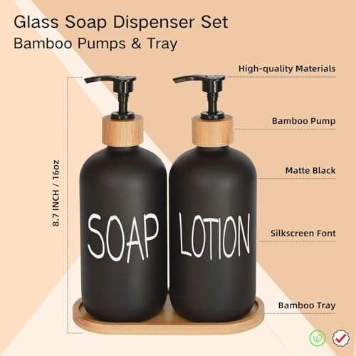 Black Soap Dispenser Bathroom Set, Set with Glass Dispenser, Bamboo Pumps & Tray. Hand and Lotion Suitable for Farmhouse Decor - Image 2