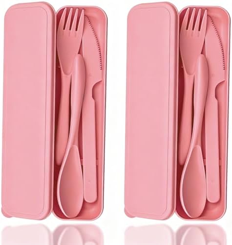 Reusable Wheat Straw Portable Knife Fork Spoons Tableware (Pink, Pink) by Unknown