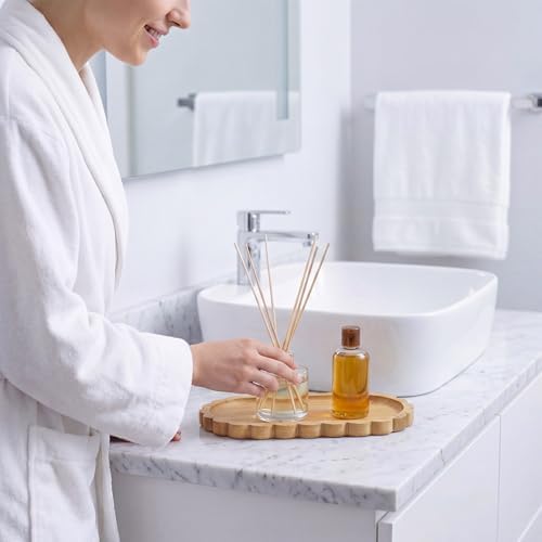 Scalloped Bamboo Soap Dispenser Tray Bathroom Rustic Decor Bamboo Countertop Tray Scalloped Soap Dish Jewelry Holder Vanity Bathtub Organizer for Bathroom Kitchen Home Decor(7'',Oval) - Image 3