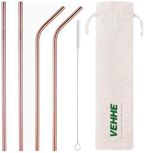 VEHHE Rose Gold Metal Straws, Stainless Reusable Straws Set with Brush by VEHHE