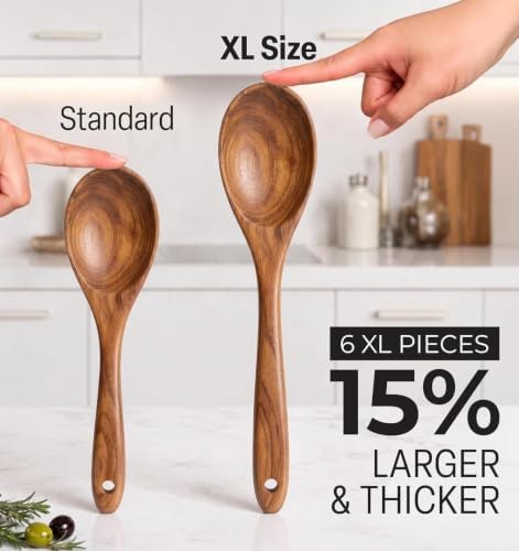 Zulay Kitchen Extra-Large 6-Piece Wooden Spoon Set - Smooth Teak Cooking Utensils - Comfort-Grip Non-Stick Turner, Spatula, Skimmer, Fork, Serving Spoon - Image 2