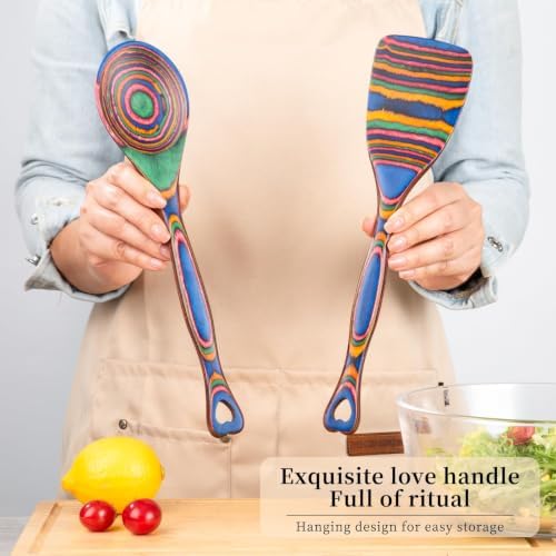 Gudamaye Pakkawood 9-Piece Rainbow Heart Wooden Utensils Set,Wooden Spoons with Soup Spoon and Wooden Tongs, Wooden Utensils for Cooking,Wooden Kitchen Tool, Home & Kitchen Gifts for Men and Women - Image 3