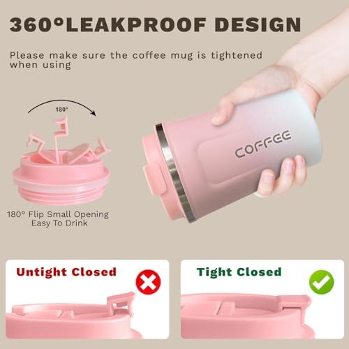 SPLMIFA Travel Coffee Mug Leak-Proof, Reusable Coffee Cups with Lids, Stainless Steel Vacuum Insulated Coffee Tumblers, Thermal Insulation Cup for Men and Women Hot & Cold Drinks(2nd-Pink White, 12OZ) - Image 5