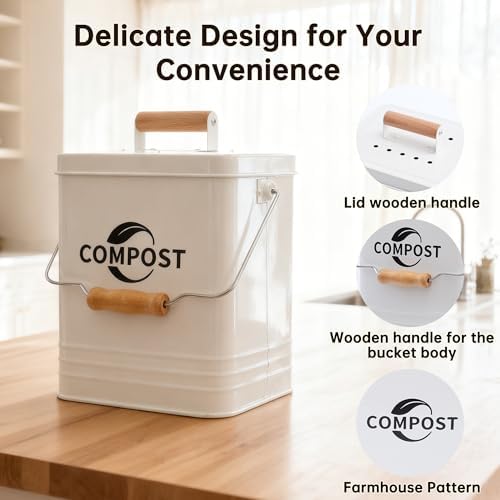 Kitchen Compost Bin, 1.7 Gallon Countertop Compost Bin with Lid and Charcoal Filter, Kitchen Composter for Food Waste, Rust Proof Indoor Bucket, White - Image 3
