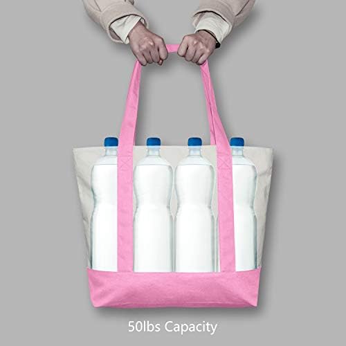TOPDesign 30-Pack Canvas Tote Bags with an External Pocket, Reusable Grocery Shopping Bags, Top Zipper Closure, Daily Essentials (Pink/Natural) - Image 6