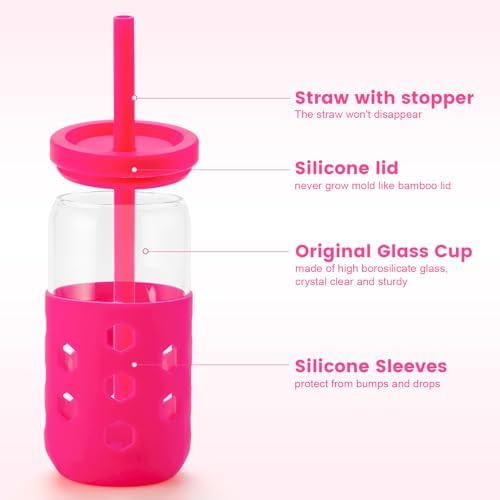 Mrsdry 16 oz Glass Cups with Lids and Straws for Gift, 4-Pack, Pink - Image 2
