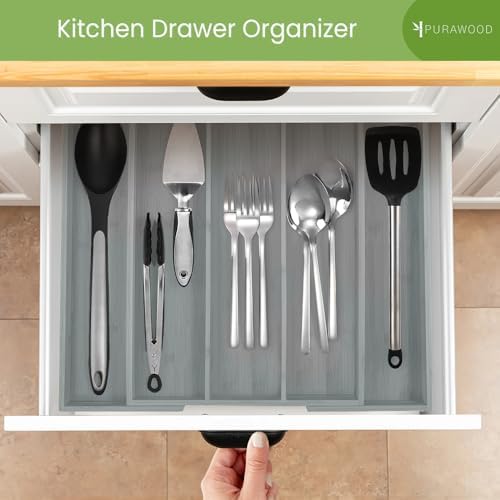 Purawood Kitchen Drawer Organizer - Expandable Utensil Drawer Organizer for Kitchen, Cutlery Tray & Silverware Organizer, 3-5 Slots - Bamboo Organizer for Utensils & Flatware (Grey) - Image 5