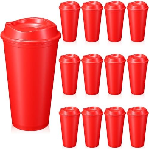 12 Pcs 16 Oz Reusable Coffee Cups with Lids - Plastic Travel Hot Cups Bulk Coffee Tumblers for DIY Hot Cold Drinks Party Favors Coworker (Red) by Unknown