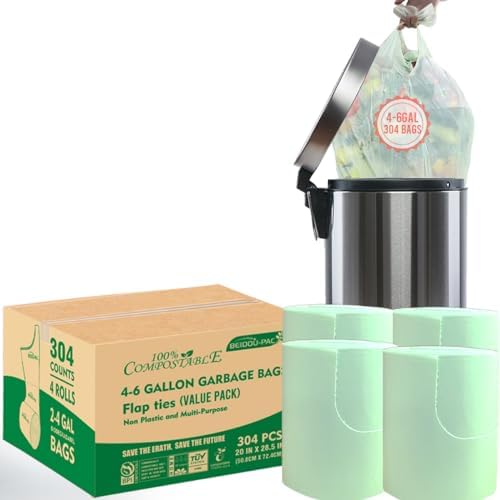 BEIDOU-PAC 4-6 Gallon Flap Tie Compostable Trash Bags, 304 Count, Compost Bags Kitchen Trash Bags, Sturdy Garbage Bags Food Scrap Waste Bags, ASTM D6400, US BPI Certified by BEIDOU-PAC