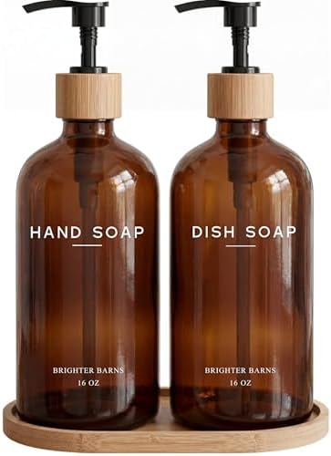 Amber Glass Hand and Dish Soap Dispenser Set by Brighter Barns - Kitchen Soap Dispenser Set with Tray - Bamboo Pump Bottles for Kitchen Sink - Modern Home Decor, Neutral Decor for Airbnb, Gift (Amber) by BrighterBarns