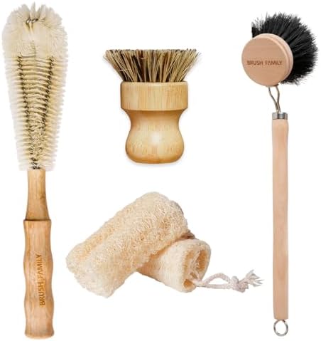 5-Pieces Bamboo Dish Brush Set with Palm Brush, Wooden Handle Dish Scrub Brush, Bottle Scrubber, 2 Loofah Sponge for Dishes, Pans, Bottles, Pots, Vegetables by BRUSHFAMILY