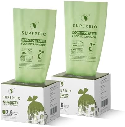SUPERBIO 2.6 Gallon Flat Top Compostable Food Waste Bags, 100 Ct, 2 Pack by SUPERBIOCOMPOSTABLEBAGS