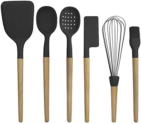 Country Kitchen Non Stick Silicone Utensil Set with Rounded Wood Handles for Cooking and Baking, 6 Piece Set, Black by CountryKitchen