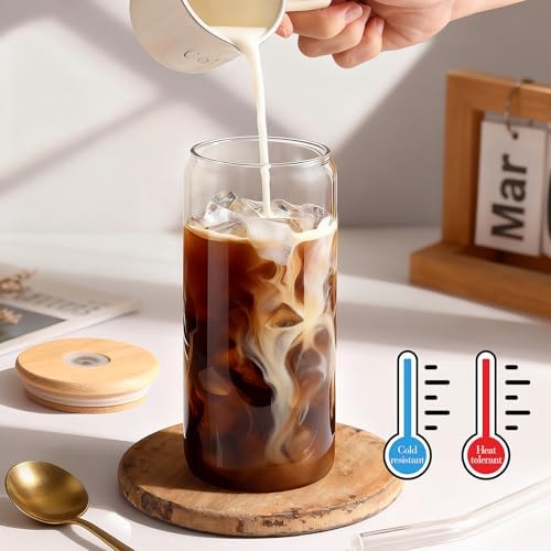 Iced Coffee Cups with Lids 2 pcs: 20 oz Glass Cups with Lids and Straws as Coffee Bar Accessories - Beer Drinking Glasses - Reusable Glass Tumbler,Cute Coffee Cups for Coffee,Juice,Gifts - Image 4