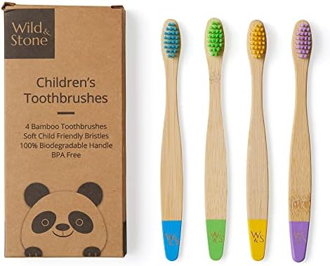 Wild & Stone Organic Children's Bamboo Toothbrush | Four Colors | Soft Fibre Bristles | 100% Biodegradable Handle | BPA Free | Vegan Eco Friendly Kids Toothbrushes by Wild+%26+Stone