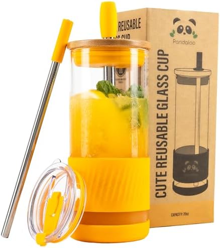 Pandaloo® Glass Cups With Lids and Straws -20 Fl Oz- Perfect Size Iced Coffee Cup - Smoothie Cup With Bamboo Lid and On the go Lid - Glass Tumbler With Straw (1 Count (Pack of 1), Maracuja Dream) by Pandaloo