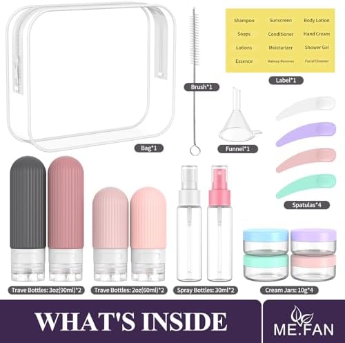 ME.FAN Travel Bottles for Toiletries,18 Pack Silicone Portable Size Bottle, TSA Approved Refillable Cosmetic Container Kits for Conditioner, Shampoo, Lotion,Face Cream - Pink - Image 2