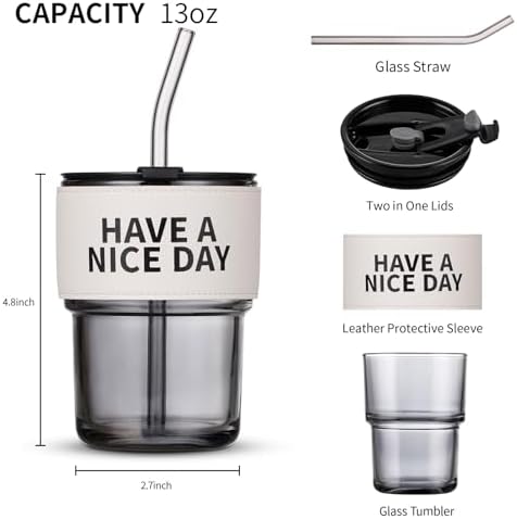 BLUEPOLAR 13oz/400ml Glass Water Tumbler with Straw and Lid Sealed Carry on Thick Wall Iced Coffee Cup for Water, Iced Tea, Fruit Juice (Have a Nice Day) - Image 3