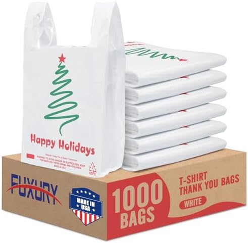 Fuxury 1000 Count Happy Holiday Christmas Tree Plastic Bags with Handles by Fuxury