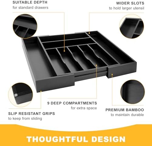 Large Premium Bamboo Silverware Organizer - Expandable Drawer Organizer & Utensil Organizer - 17"x19.7" Cutlery Tray with Dividers for Kitchen Utensils and Flatware (7-9 Slots) (Black) - Image 6