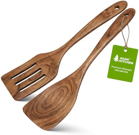 AIUHI 2Pcs Wooden Spatulas, Teak Wood Long Handle Flat Frying Turner, Nonstick Cooking Utensils Spatula for Kitchen by AIUHI