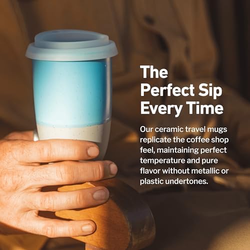NOVA CERAMICS Travel Mug - Ceramic Coffee Mug With Lid – Microwave & Dishwasher Safe Coffee White & Grey Tumbler - Fits In Cup Holder – 12oz – Coastal Drift - Image 4