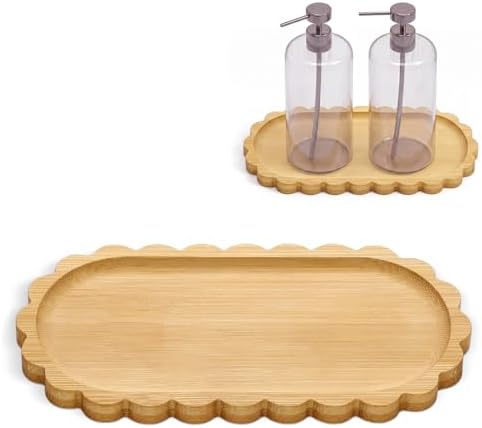 Scalloped Bamboo Soap Dispenser Tray Bathroom Rustic Decor Bamboo Countertop Tray Scalloped Soap Dish Jewelry Holder Vanity Bathtub Organizer for Bathroom Kitchen Home Decor(7'',Oval) by Ferrochef