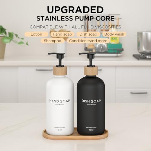 Hand and Dish Soap Dispenser Set,16oz Glass Bottles with Bamboo Pumps & Tray,Countertop Soap Dispensers for Kitchen,Luxury, Minimalist & Farmhouse Decor - Image 3
