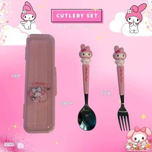 Stainless Steel Cutlery Tableware Flatware Silverware 3 Piece Set Portable Reusable Travel Cute Kawaii Anime Cartoon Dog Bunny for Boys and Girls (Pink Melody) - Image 2