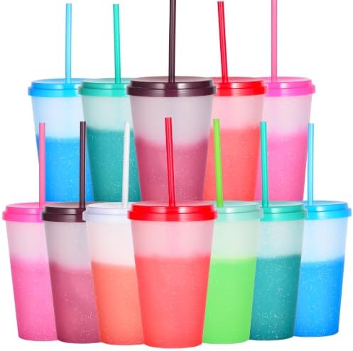 Color Changing Cups, 12 Pack 24oz Plastic Tumblers, Reusable Iced Coffee & Smoothie Cups with Lids and Straws for Parties and Travel (Bright, 12 Pack) by Alohastarttg