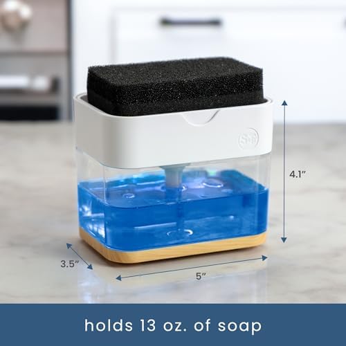 S&T INC. Dish Soap Dispenser and Sponge Holder, Plastic Bamboo and White - Image 5
