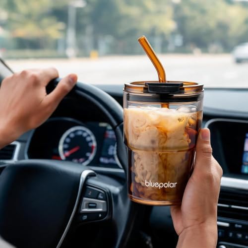 BLUEPOLAR 13oz/400ml Glass Water Tumbler with Straw and Lid Sealed Carry On Thick Wall Iced Coffee Cup Glass Cup for Water, Iced Tea Fruit Juice Etc (Amber-4Pack) - Image 4